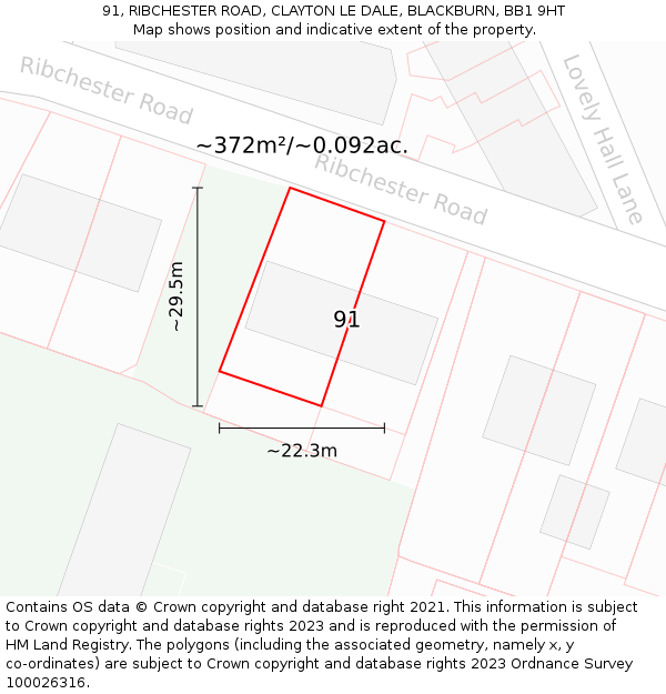 91, RIBCHESTER ROAD, CLAYTON LE DALE, BLACKBURN, BB1 9HT: Plot and title map