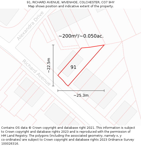 91, RICHARD AVENUE, WIVENHOE, COLCHESTER, CO7 9HY: Plot and title map