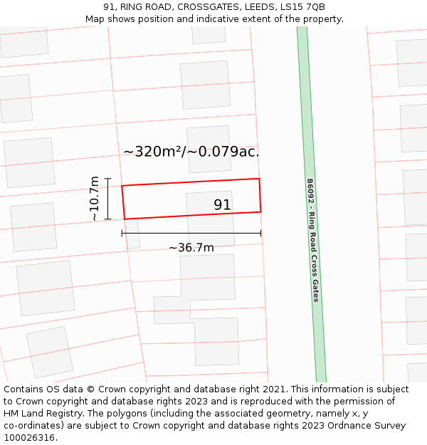 91, RING ROAD, CROSSGATES, LEEDS, LS15 7QB: Plot and title map