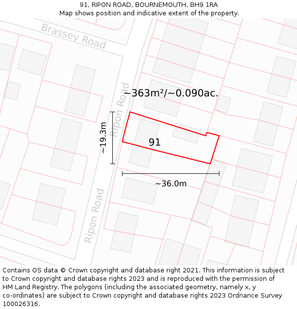 91, RIPON ROAD, BOURNEMOUTH, BH9 1RA: Plot and title map