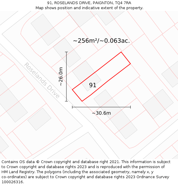 91, ROSELANDS DRIVE, PAIGNTON, TQ4 7RA: Plot and title map