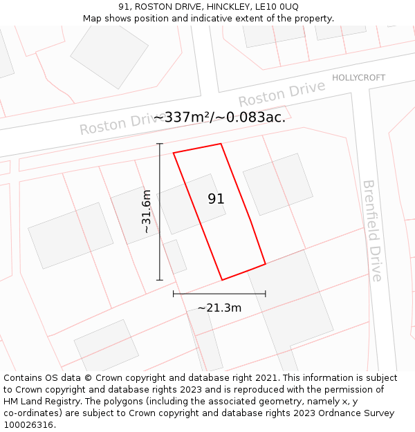 91, ROSTON DRIVE, HINCKLEY, LE10 0UQ: Plot and title map