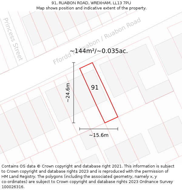 91, RUABON ROAD, WREXHAM, LL13 7PU: Plot and title map