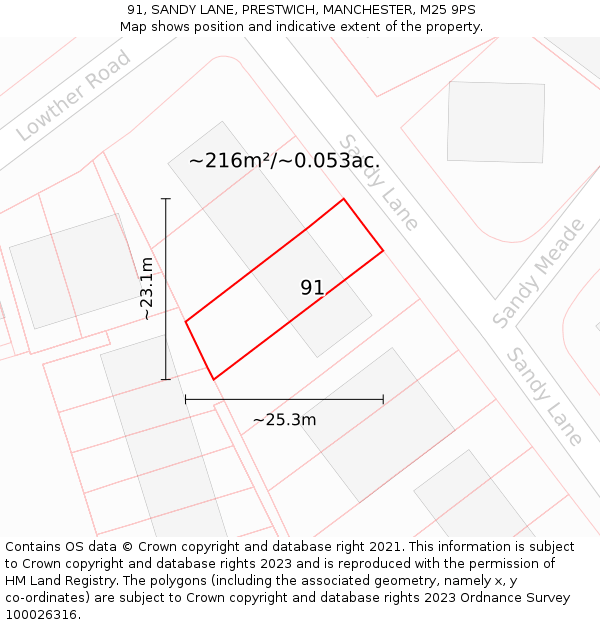 91, SANDY LANE, PRESTWICH, MANCHESTER, M25 9PS: Plot and title map