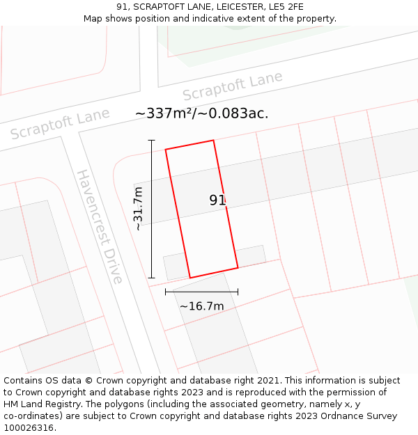 91, SCRAPTOFT LANE, LEICESTER, LE5 2FE: Plot and title map