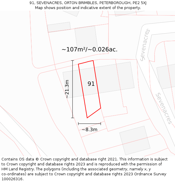 91, SEVENACRES, ORTON BRIMBLES, PETERBOROUGH, PE2 5XJ: Plot and title map