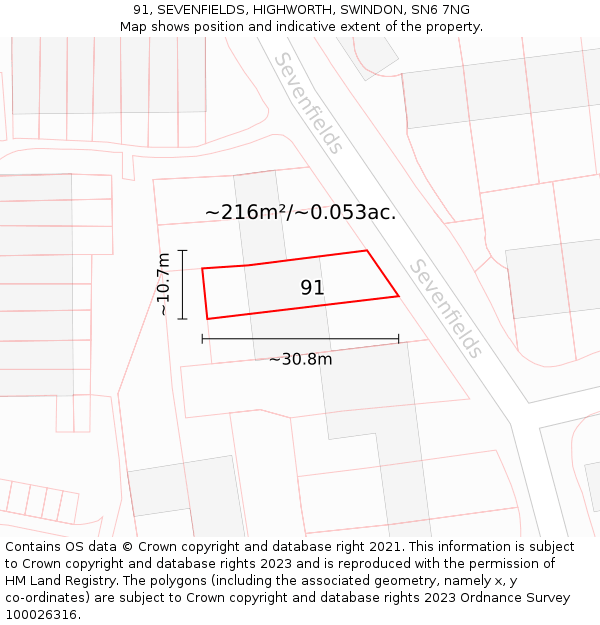 91, SEVENFIELDS, HIGHWORTH, SWINDON, SN6 7NG: Plot and title map