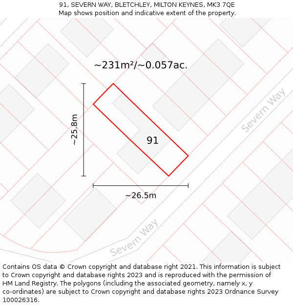 91, SEVERN WAY, BLETCHLEY, MILTON KEYNES, MK3 7QE: Plot and title map