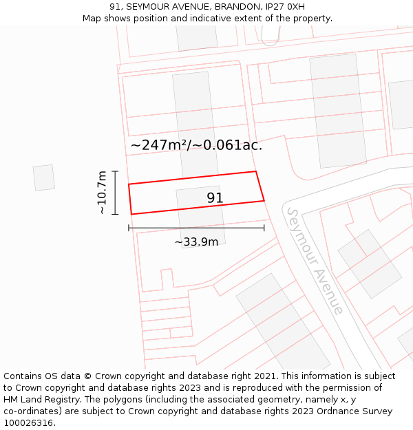 91, SEYMOUR AVENUE, BRANDON, IP27 0XH: Plot and title map