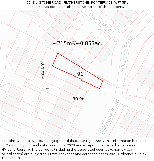 91, SILKSTONE ROAD, FEATHERSTONE, PONTEFRACT, WF7 5PL: Plot and title map