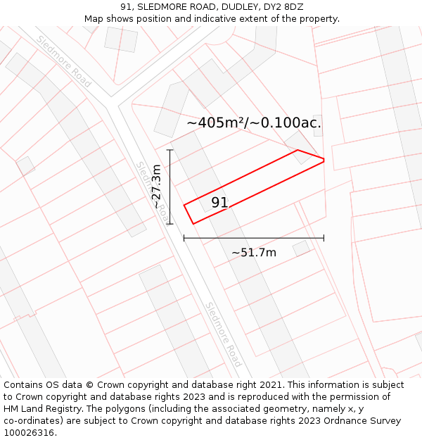 91, SLEDMORE ROAD, DUDLEY, DY2 8DZ: Plot and title map