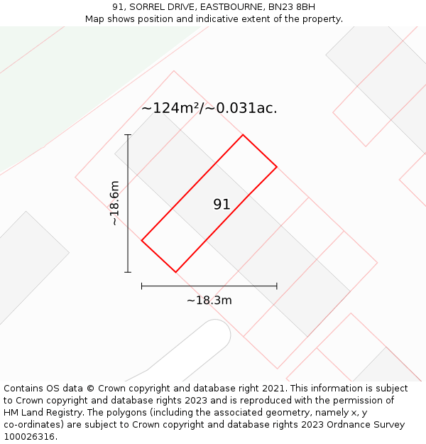 91, SORREL DRIVE, EASTBOURNE, BN23 8BH: Plot and title map