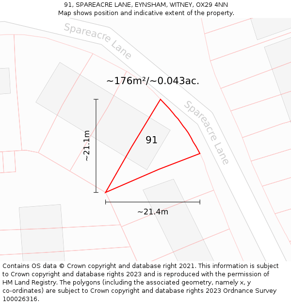 91, SPAREACRE LANE, EYNSHAM, WITNEY, OX29 4NN: Plot and title map
