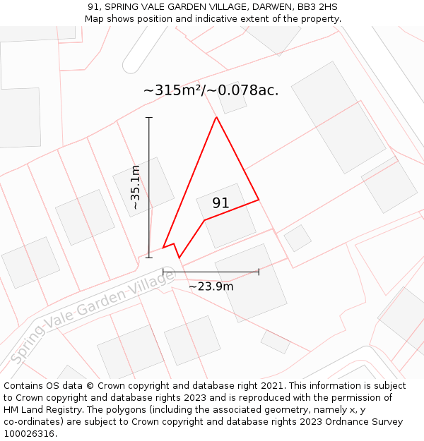 91, SPRING VALE GARDEN VILLAGE, DARWEN, BB3 2HS: Plot and title map