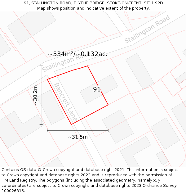 91, STALLINGTON ROAD, BLYTHE BRIDGE, STOKE-ON-TRENT, ST11 9PD: Plot and title map