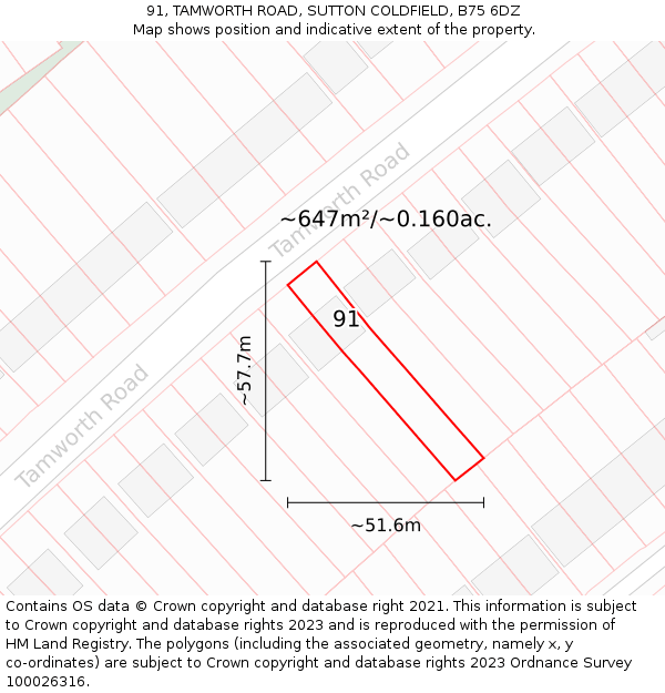 91, TAMWORTH ROAD, SUTTON COLDFIELD, B75 6DZ: Plot and title map