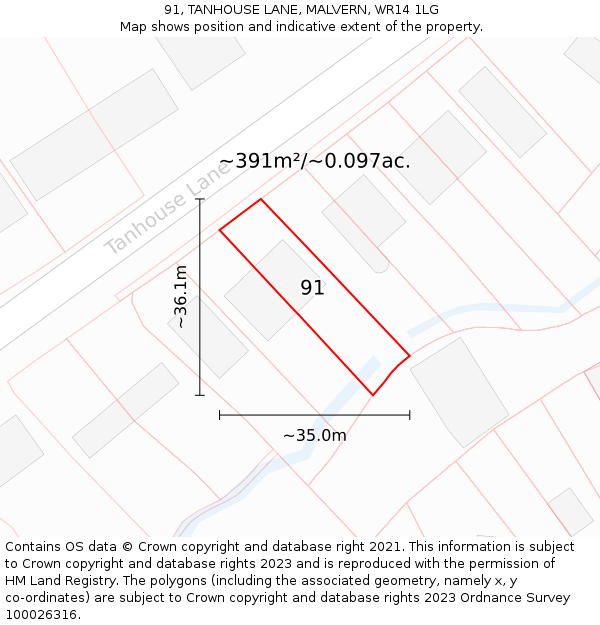 91, TANHOUSE LANE, MALVERN, WR14 1LG: Plot and title map