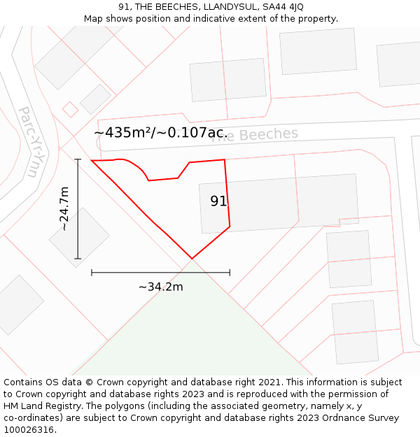 91, THE BEECHES, LLANDYSUL, SA44 4JQ: Plot and title map