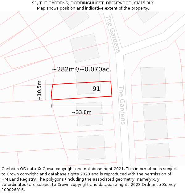 91, THE GARDENS, DODDINGHURST, BRENTWOOD, CM15 0LX: Plot and title map