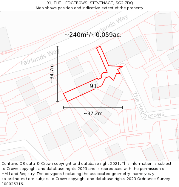 91, THE HEDGEROWS, STEVENAGE, SG2 7DQ: Plot and title map