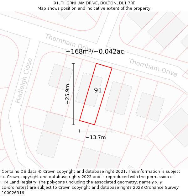 91, THORNHAM DRIVE, BOLTON, BL1 7RF: Plot and title map