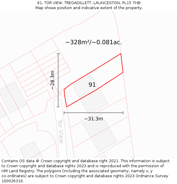 91, TOR VIEW, TREGADILLETT, LAUNCESTON, PL15 7HB: Plot and title map
