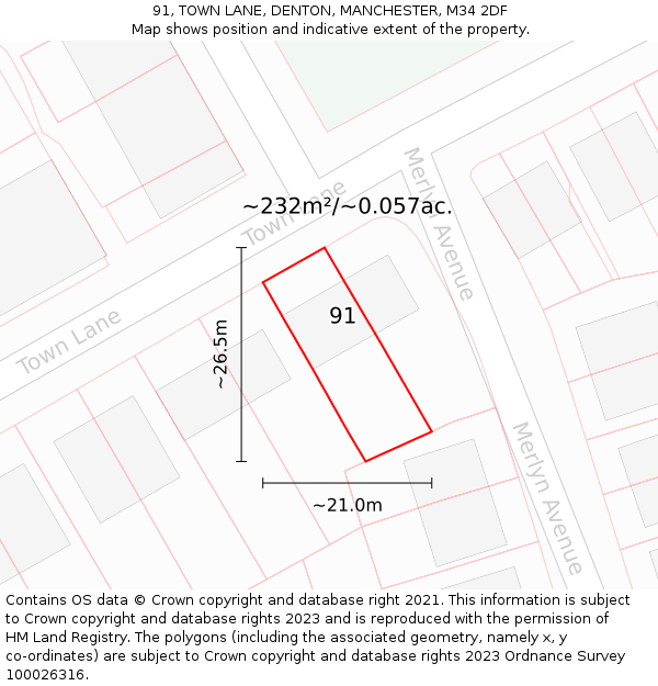 91, TOWN LANE, DENTON, MANCHESTER, M34 2DF: Plot and title map