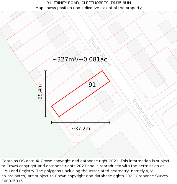91, TRINITY ROAD, CLEETHORPES, DN35 8UN: Plot and title map