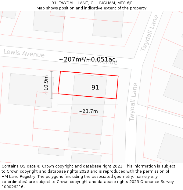 91, TWYDALL LANE, GILLINGHAM, ME8 6JF: Plot and title map