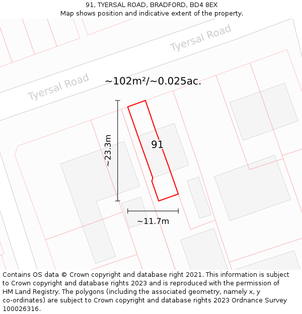 91, TYERSAL ROAD, BRADFORD, BD4 8EX: Plot and title map