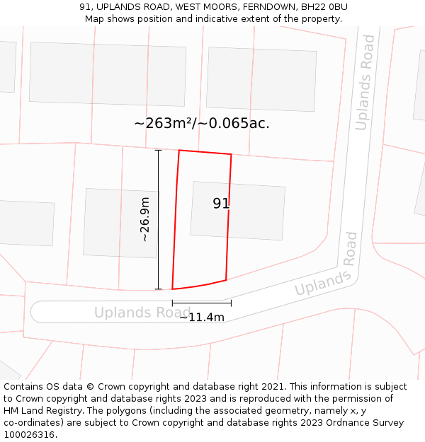 91, UPLANDS ROAD, WEST MOORS, FERNDOWN, BH22 0BU: Plot and title map