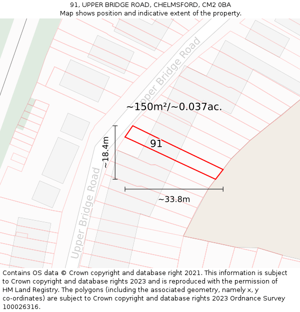 91, UPPER BRIDGE ROAD, CHELMSFORD, CM2 0BA: Plot and title map