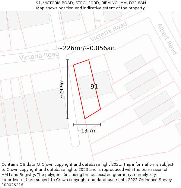 91, VICTORIA ROAD, STECHFORD, BIRMINGHAM, B33 8AN: Plot and title map