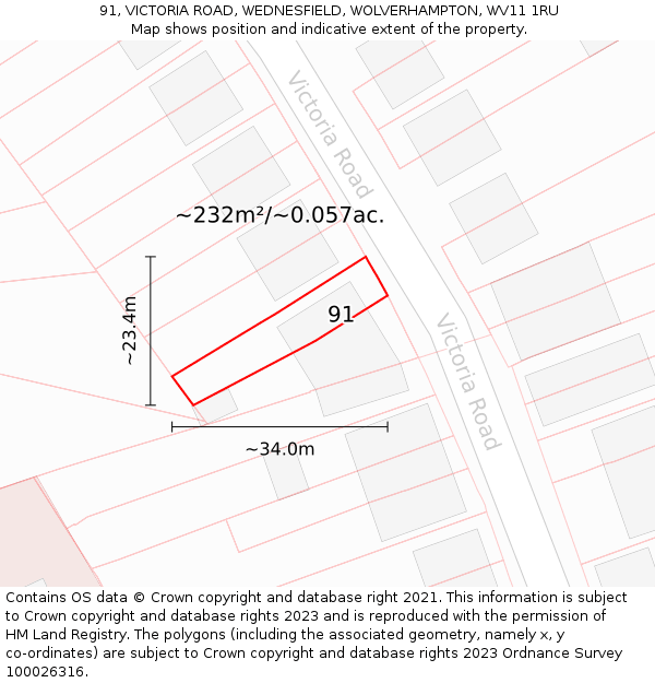 91, VICTORIA ROAD, WEDNESFIELD, WOLVERHAMPTON, WV11 1RU: Plot and title map