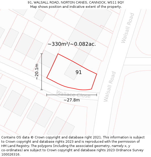 91, WALSALL ROAD, NORTON CANES, CANNOCK, WS11 9QY: Plot and title map