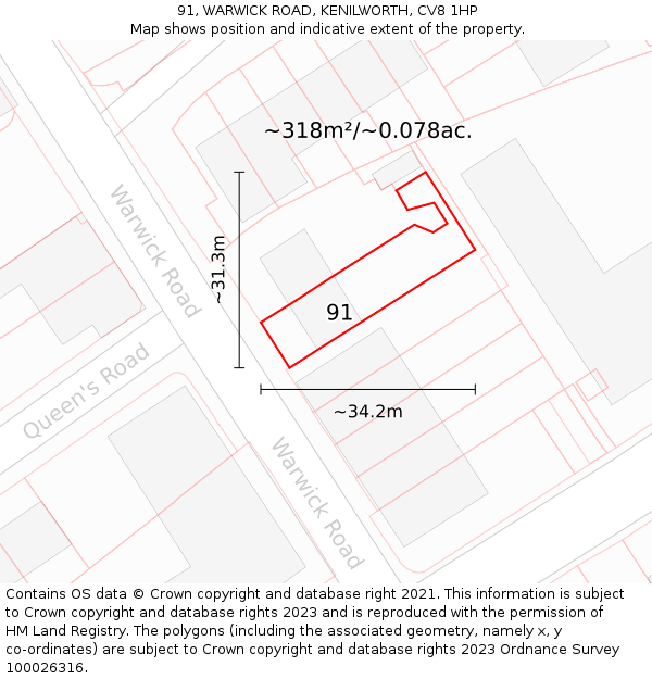 91, WARWICK ROAD, KENILWORTH, CV8 1HP: Plot and title map