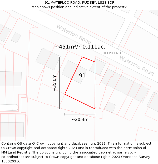 91, WATERLOO ROAD, PUDSEY, LS28 8DF: Plot and title map