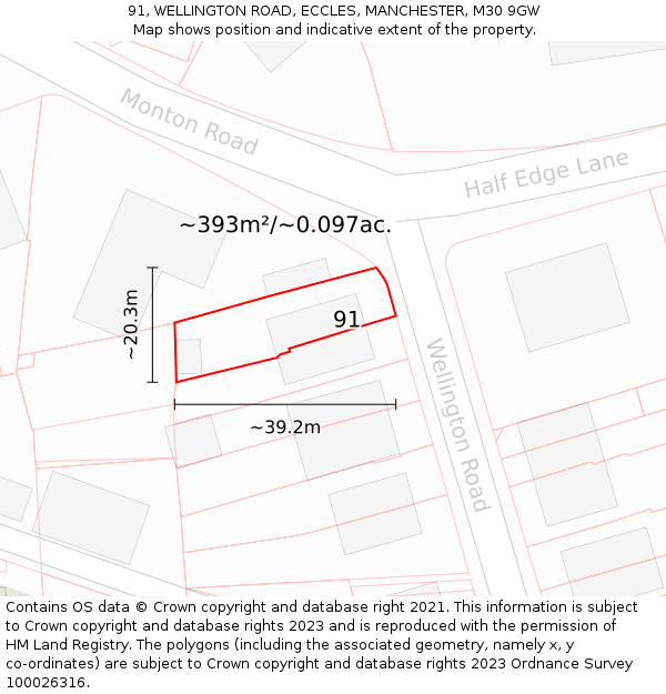 91, WELLINGTON ROAD, ECCLES, MANCHESTER, M30 9GW: Plot and title map