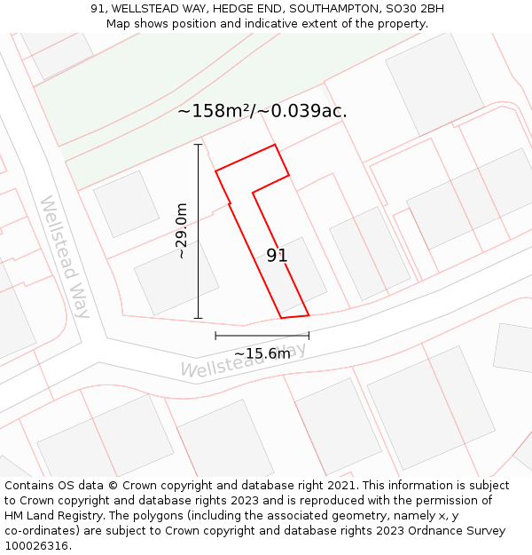 91, WELLSTEAD WAY, HEDGE END, SOUTHAMPTON, SO30 2BH: Plot and title map