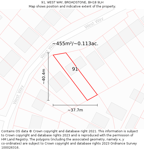 91, WEST WAY, BROADSTONE, BH18 9LH: Plot and title map