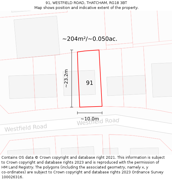 91, WESTFIELD ROAD, THATCHAM, RG18 3BT: Plot and title map