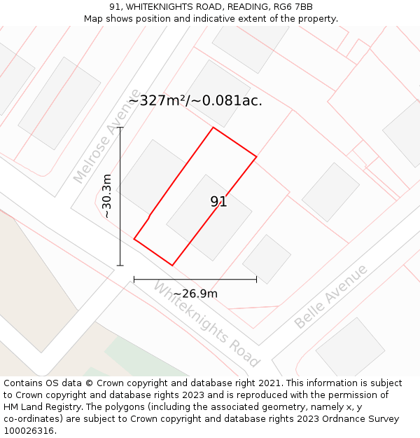 91, WHITEKNIGHTS ROAD, READING, RG6 7BB: Plot and title map