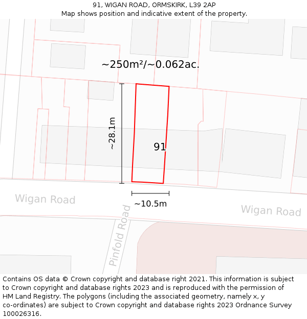 91, WIGAN ROAD, ORMSKIRK, L39 2AP: Plot and title map
