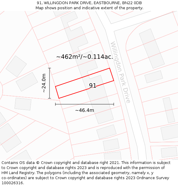 91, WILLINGDON PARK DRIVE, EASTBOURNE, BN22 0DB: Plot and title map