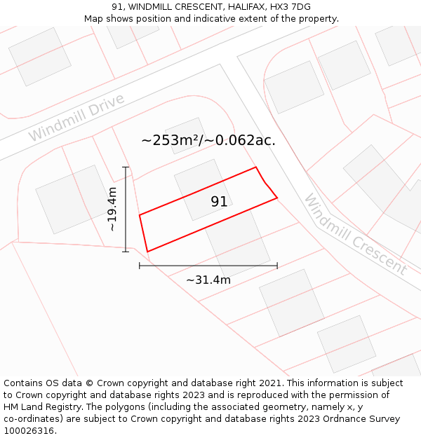 91, WINDMILL CRESCENT, HALIFAX, HX3 7DG: Plot and title map
