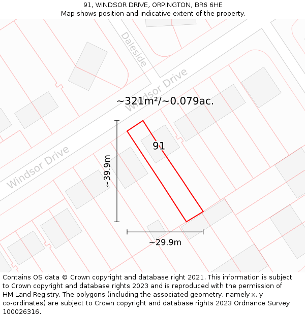 91, WINDSOR DRIVE, ORPINGTON, BR6 6HE: Plot and title map