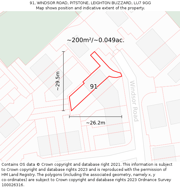 91, WINDSOR ROAD, PITSTONE, LEIGHTON BUZZARD, LU7 9GG: Plot and title map
