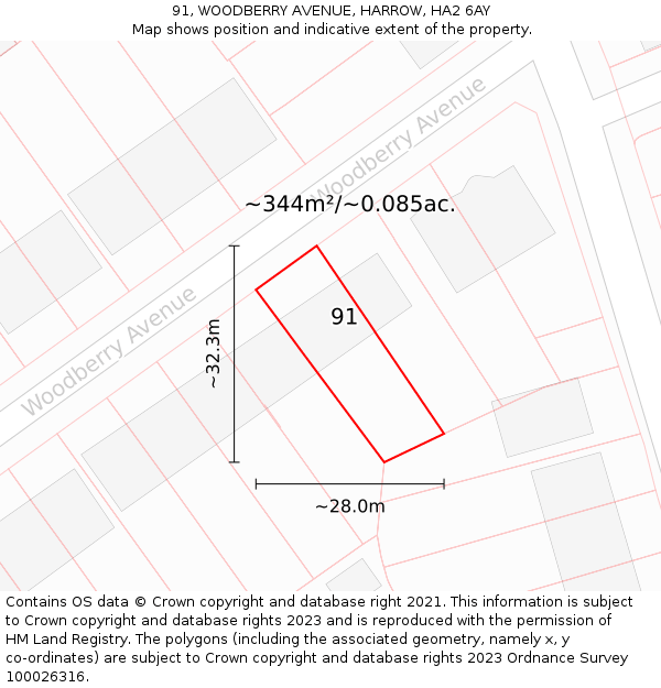 91, WOODBERRY AVENUE, HARROW, HA2 6AY: Plot and title map