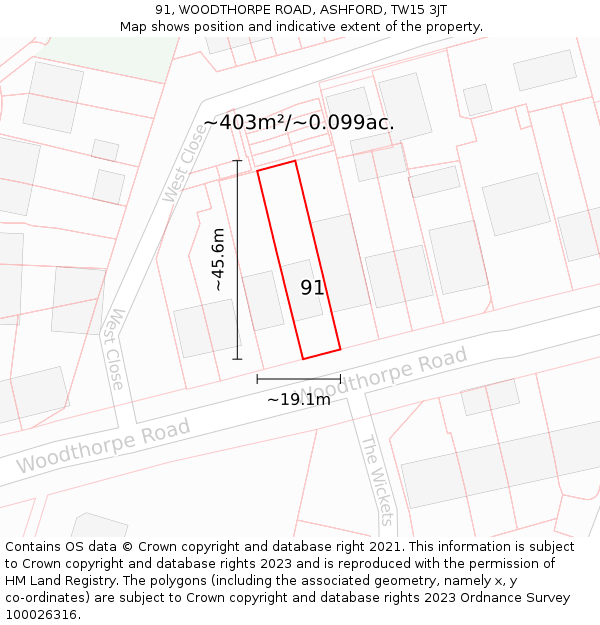 91, WOODTHORPE ROAD, ASHFORD, TW15 3JT: Plot and title map