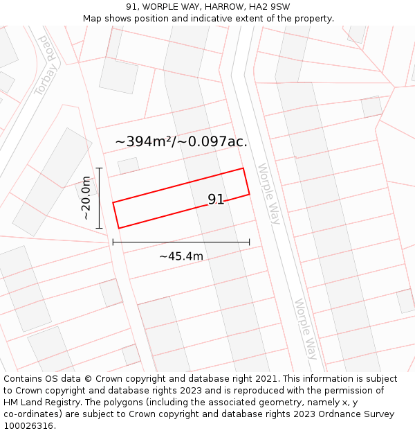 91, WORPLE WAY, HARROW, HA2 9SW: Plot and title map